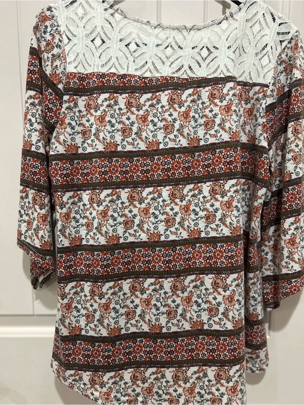 Boho Floral Lace-Trim Women’s PeplumTop in Rust and White - Picture 2 of 5